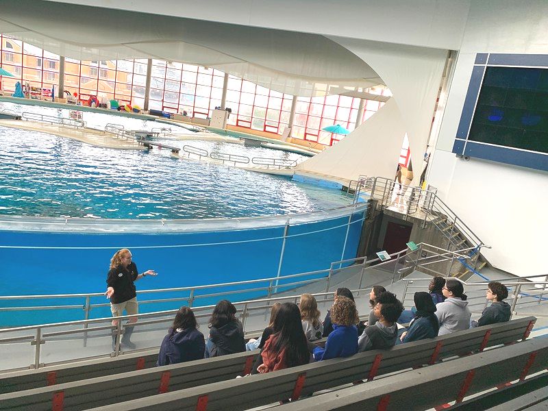 Students listening to an instructor at the national aquarium in front of a display tank